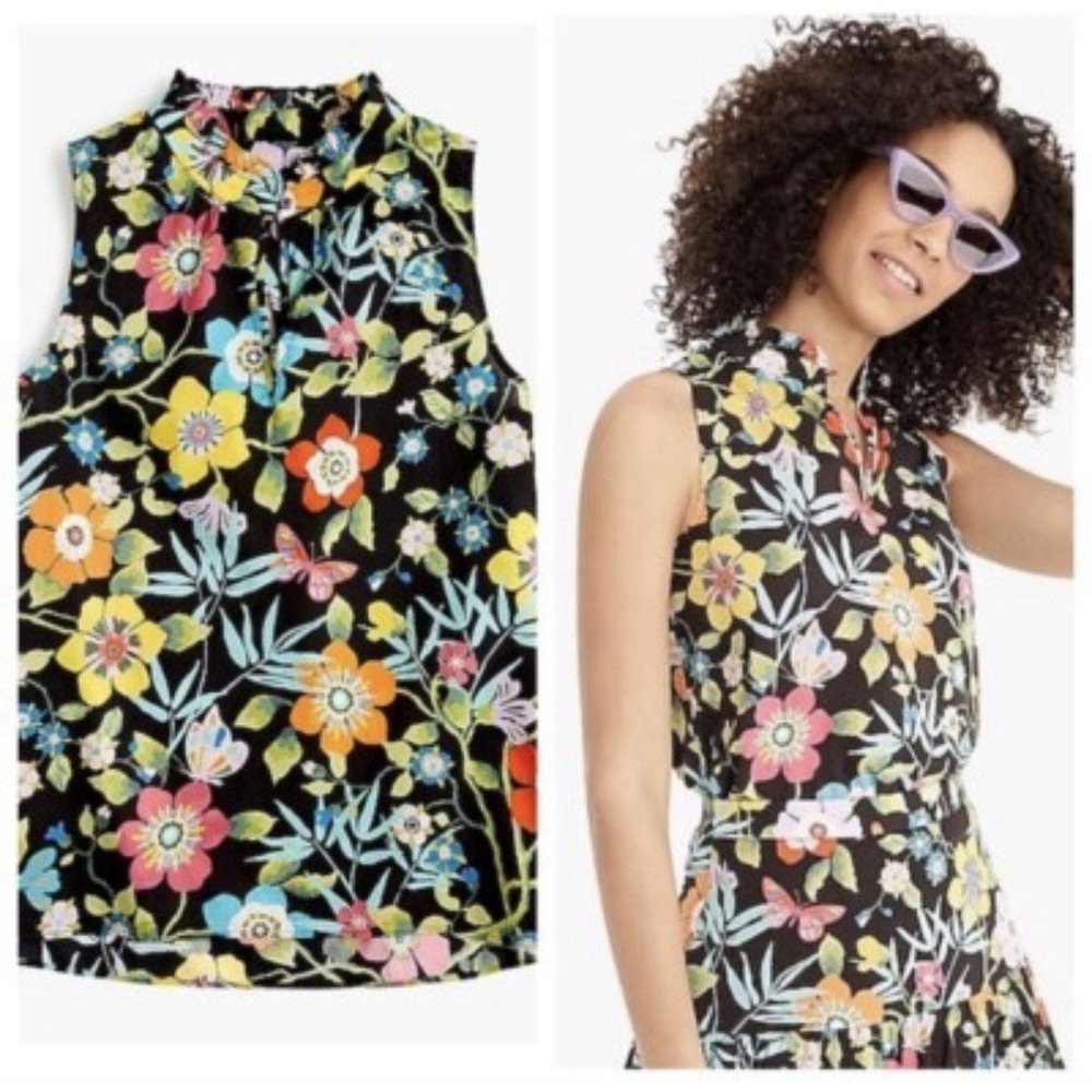 J. Crew Made in Liberty Fabric Black Pavilion Floral Ruffle Neck Top Size 6